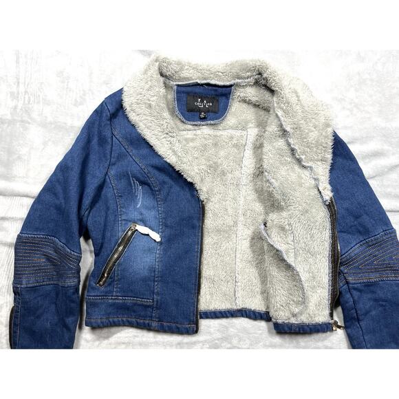 NEW Coalition LA Sz XL Faux Fur Collar and Lining Cropped Denim Jean Jacket NWT - Picture 5 of 16